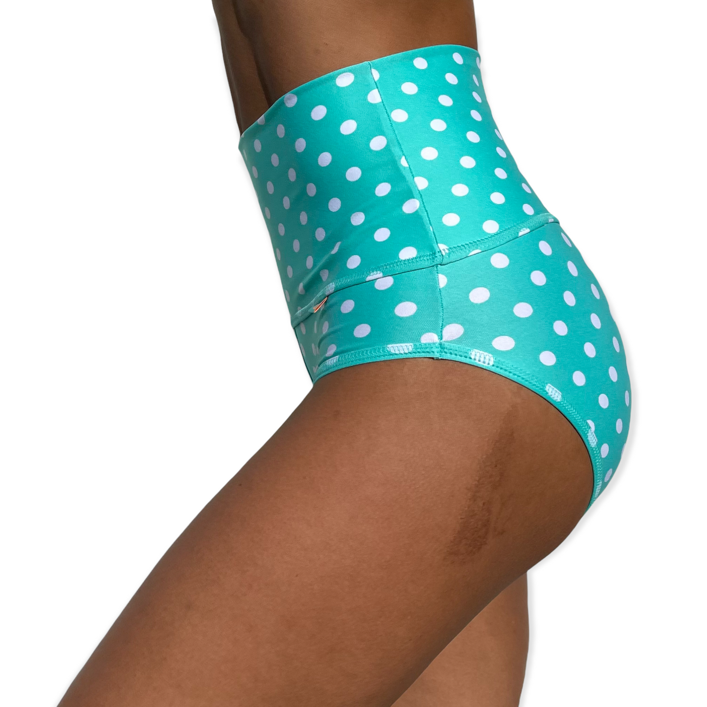 Teal with white polka dots high waist shorts for Bikram Yoga