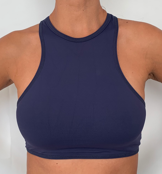 Navy blue high neck and racer back top for Bikram Yoga