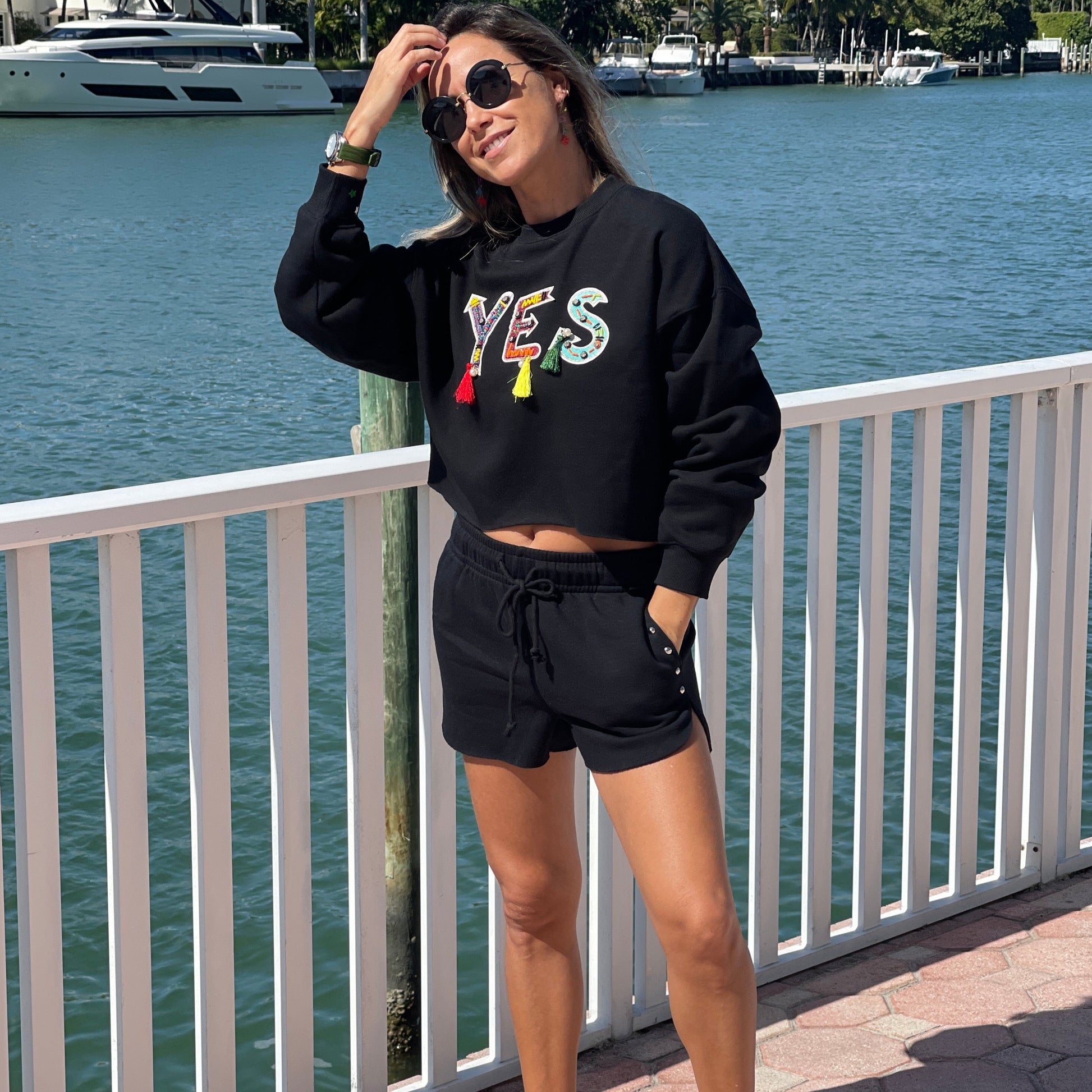 YES Black Sweatshirt & Shorts Set