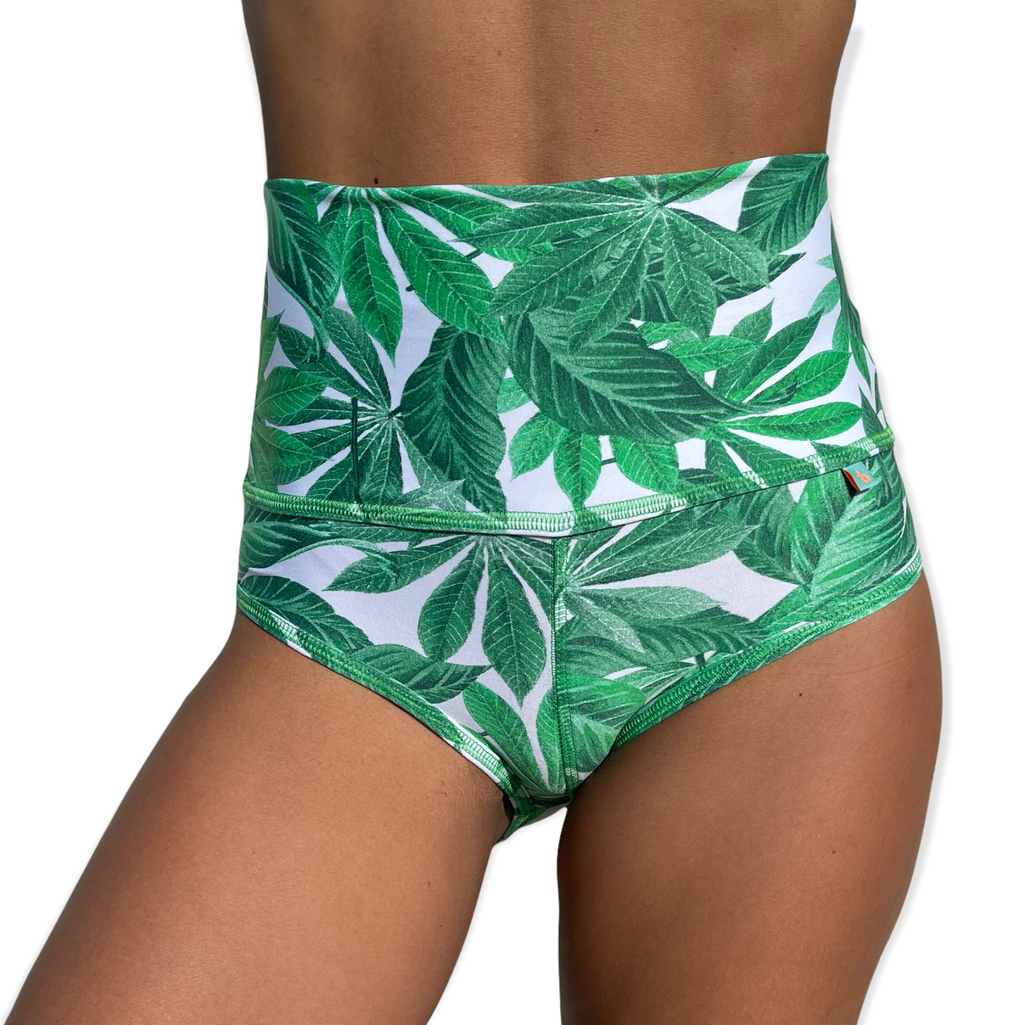 Green and white floral print high waist shorts for Bikram Hot Yoga
